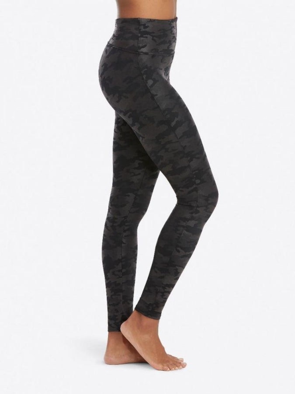 SPANX Faux Leather Camo Leggings Power Waistband Matte Black Womems Large